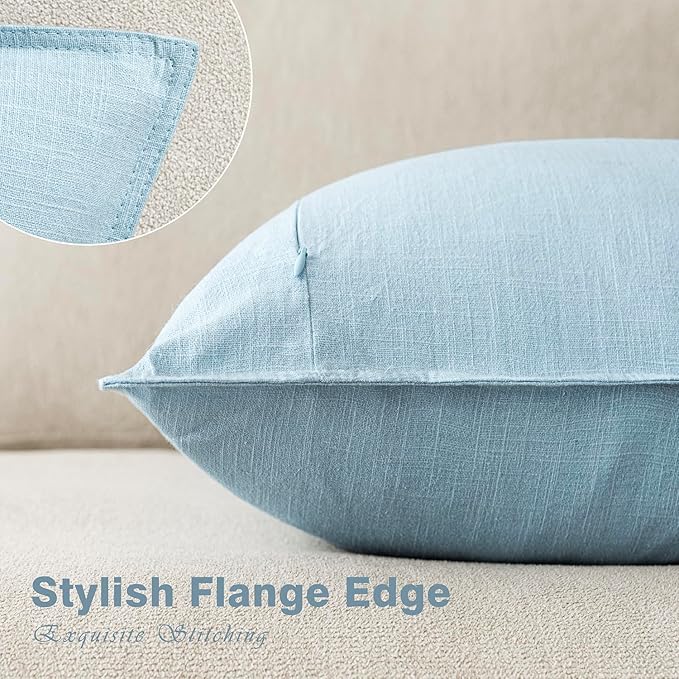 Foindtower Pack of 2, Decorative Linen Soild Throw Pillow Covers Soft Accent Euro Cushion Case Farmhouse Neutral Pillowcase for Chair Couch Sofa Bedroom Living Room Home Decor 18 x 18 Inch Light Blue