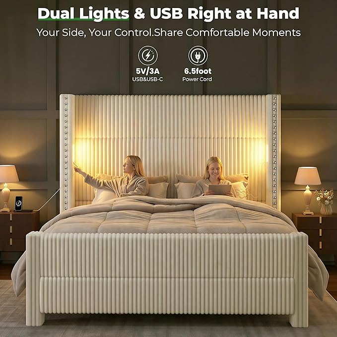 King Bed Frame with 56.7" Tall Headboard & Reading Lights, Corduroy Upholstered Wingback Platform Bed with Charging Station, Modern Retro Design, Noise Free, No Box Spring Required, Cream