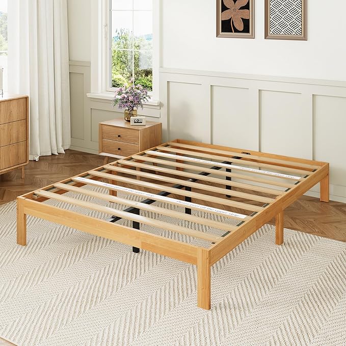 Novilla 12 Inch Queen Bed Frame, Wooden Platform Bed Frame Queen Size, Queen Size Bed Frame Without Headboard, Sturdy Wood Slat Support, No Box Spring Needed, Easy Assembly, Natural Grain Wood