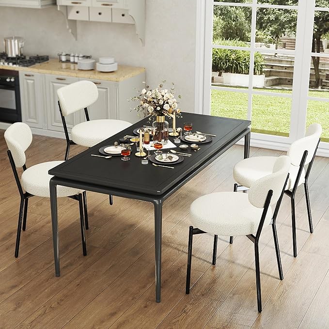 Murago Dining Chairs Set of 4, Boucle Comfortable Upholstered Seat Fabric with Curved Backrest, Mid Century Modern Contemporary Scandinavian Designer Chairs Ideal for Dining Room, Kitchen, White