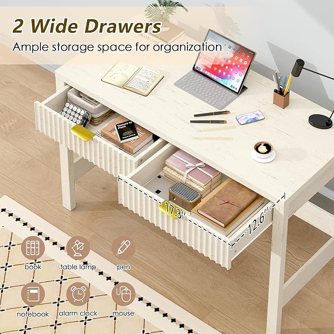 YOMILUVE Fluted Computer Desk with 2 Drawers, 39 Inch Small Computer Desk with Storage, Compact Writing Study Vanity Desk for Small Spaces, Antique White