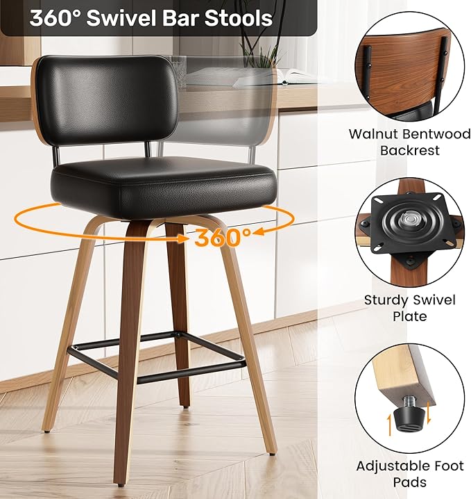 Swivel Bar Stools Set of 3, 26" Upholstered Faux Leather Counter Height Barstools with Walnut Back & Bentwood Legs, Mid Century Modern Bar Chairs Island Stools for Kitchen Counter, Black