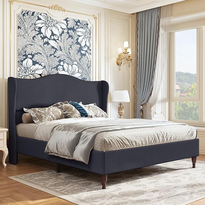 koorlian King Size Bed Frame Upholstered Platform Bed with 51'' Tall Fabric Headboard and Wooden Slats Support, Retro Minimalist Style/Fully Upholstered/Easy Assembly, Dark Navy
