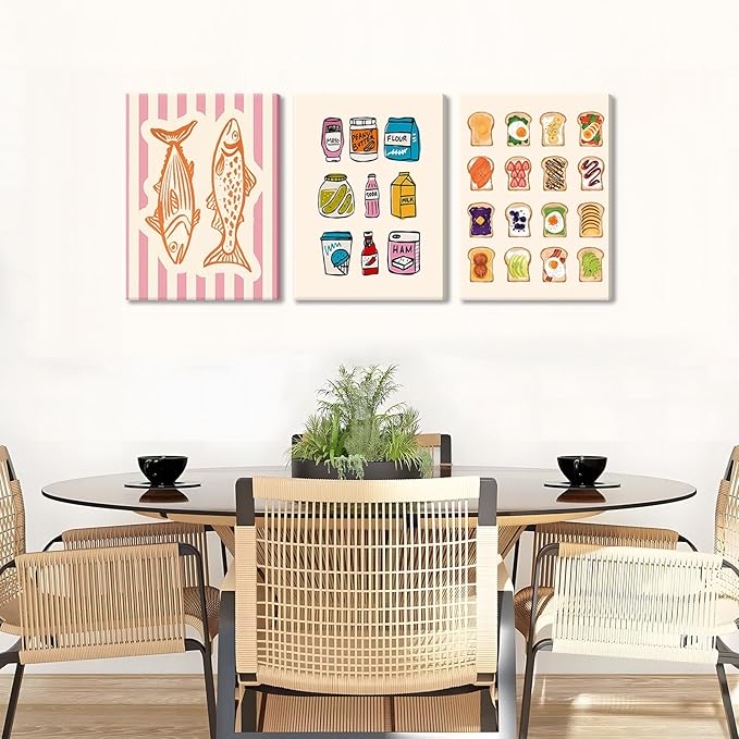 Cute Funny Kitchen Wall Art Set of 3, Fashion Breakfast Food Avocado Toast Canvas Prints Poster, Vintage Simple Sardines Watercolor Picture for Dining Room Kids Room Wall Decor 16x24 Inch Framed
