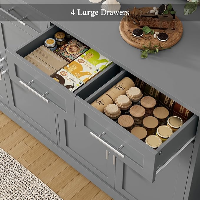HOSTACK 60" Large Buffet Sideboard with Storage, 36" Tall Kitchen Buffet Storage Cabinet with 4 Drawers, Modern Coffee Bar Cabinet with Silver Handles, Long Sideboard Buffet Table for Kichen, Grey