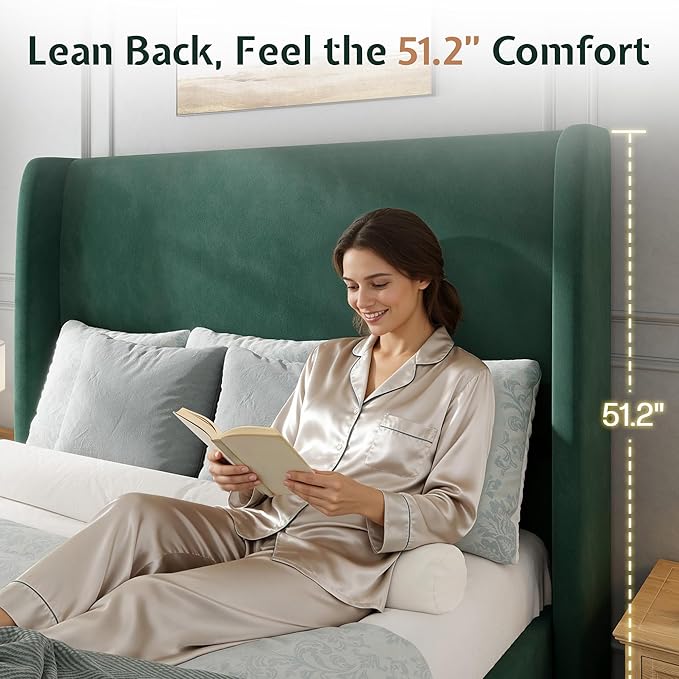 Jocisland Full Size Bed Frame 51.2" Wingback Headboard Velvet Upholstered Platform Bed with Solid Wood Legs & Wooden Slats, No Box Spring Needed, Modern Minimalist Style, Easy Assembly, Dark Green