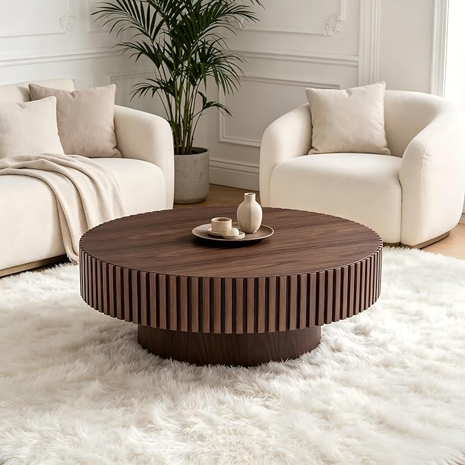 KEVINSPACE Round Coffee Table, 39" Big Wooden Fluted Coffee Table with Fluted Base, Circle Accent Center Table for Living Room Apartment Office Small Space, Easy Assembly, Walnut