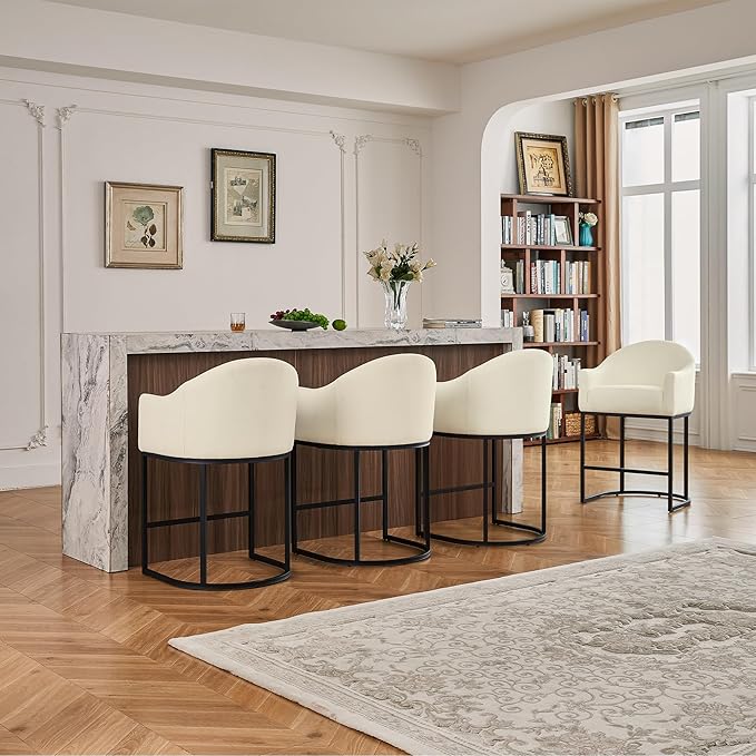 Counter Height Bar Stools Set of 3,Modern Counter Height Bar Stools,Fabric Upholstered Barrel Barstools with Backs,26'' Kitchen Island Chairs,Metal Black Frames,Off White Linen