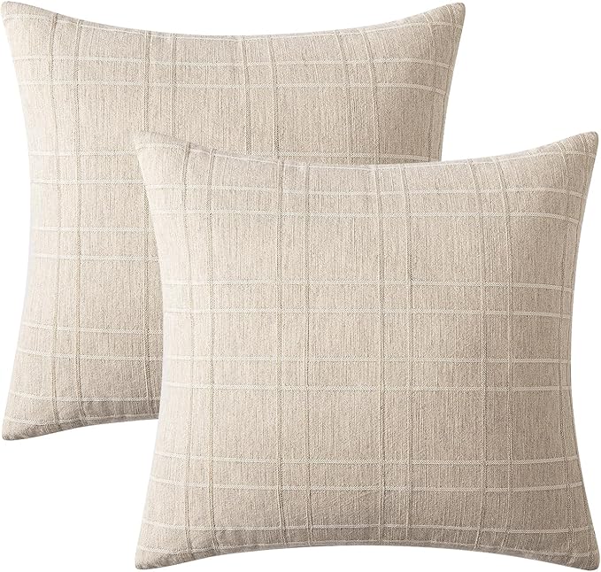 MIULEE Decorative Linen Check Euro Shams Throw Pillow Covers Neutral Farmhouse Vintage Pillow Covers 22x22 Set of 2 Boho Modern Home Decor for Sofa Couch Bedroom Cushion Natural Beige