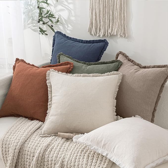 MIULEE Decorative Throw Pillow Covers Neutral Linen Fringe Throw Pillows Euro Shams Set of 2 Dune Boho Farmhouse Cushion Covers for Couch Sofa Bed Living Room Spring Home Decor 24x24 Inch