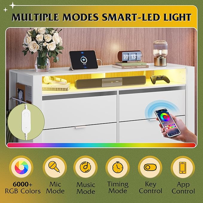WLIVE 6 Drawer Led Dresser for Bedroom, 51" White Wood Dresser Storage Organizer with Charging Station for 55" TV, Dressers with Open Shelves, Hanging Rack, Chest of Drawers for Closet, Living Room