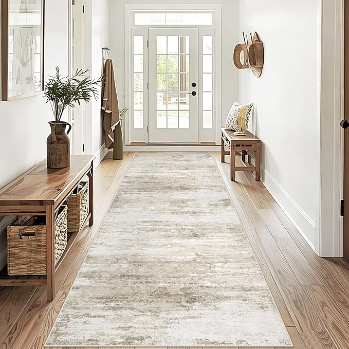 Washable 2x8 Runner Rug for Hallway: Kitchen Runner Non Slip Neutral Soft Abstract Modern Low Pile Stain Resistant Carpet Runner for Entryway Bedroom Bathroom Laundry Indoor Floor (Beige, 2'x8')