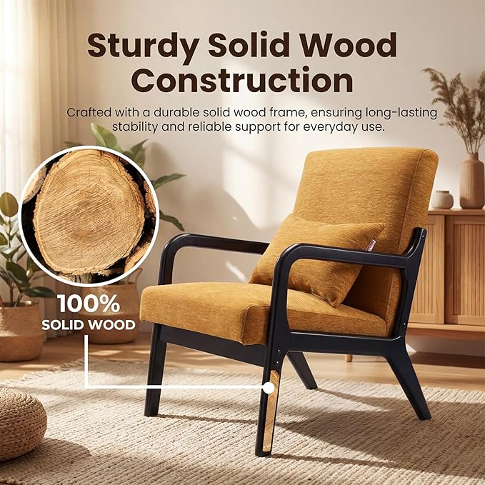 Achicsofar Accent Chair Mid Century Modern Armchair with Lumbar Support Pillow Wood Legs PU Leather Upholstered Lounge Chairs Comfy High Back Cushion for Living Room Bedroom