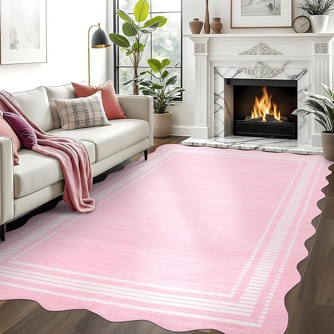 Garvee Washable Rugs 10x13 Area Rugs for Living Room Bedroom, Low Pile Ultra Soft Solid Neutral Carpet, Non Slip & Non Shedding Modern Scalloped Print Floor Mats for Home Decor, Pink