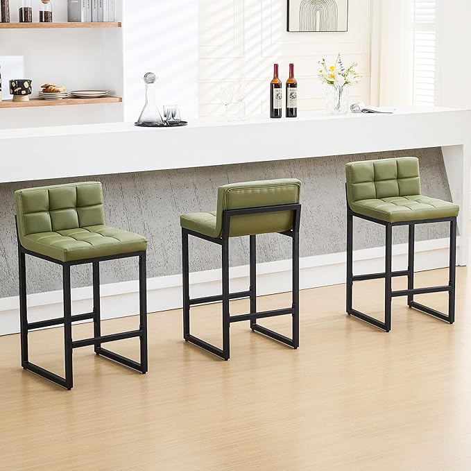 FIRAVOE Bar Stools Set of 3, Upholstered PU Leather Counter Height Barstools with Low Back and Thickened Metal Legs, Modern Counter Stools for Kitchen Island (Avocado Green, 3Pcs 26" Counter Stools)