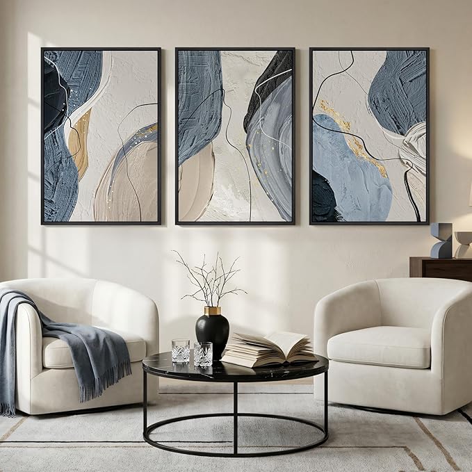 Large Framed Abstract Wall Art for Living Room, Set of 3 Modern Canvas Artwork for Wall, Blue Gray Minimalist Prints Paintings for Bedroom Hallway Office Wall Decor, 24 x 36 Inch