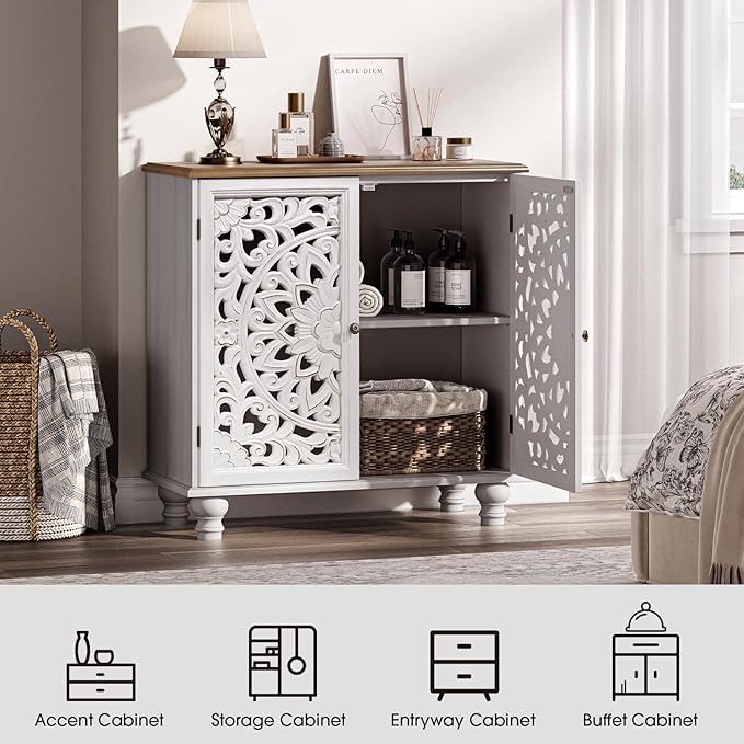 JOINICE White Accent Cabinet with Walnut Finish Top, 31" Farmhouse Storage Cabinet with Carved Doors for Living Room, Sideboard Buffet for Dining Room, Solid Wood Legs
