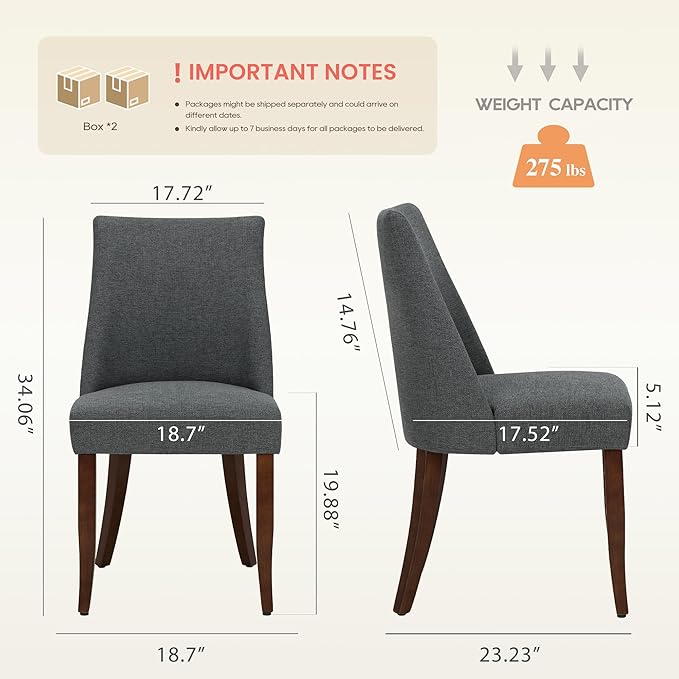 Wooden Dining Chairs Set of 4, Upholstered Farmhouse Fabric Dining Room Chair, Mid Century Kitchen Chair for Restaurant & Cafe, Dark Grey