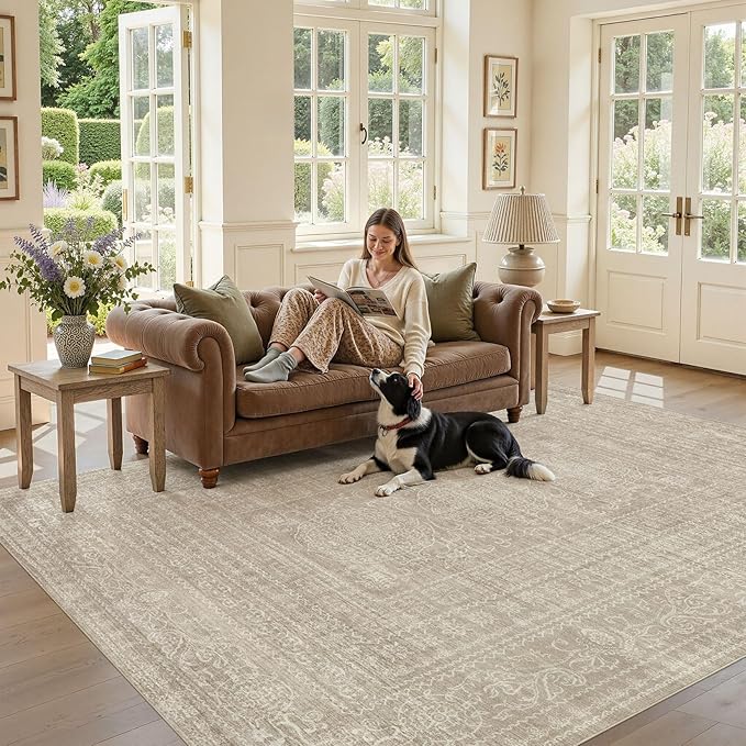 Nakagishi Area Rugs 9x12 Living Room: Washable Large Vintage Rug Neutral Non-Slip Soft Stain Resistant Indoor Carpet for Bedroom Nursery Dining Room Under Table Bed Home House Office Playroom - Brown