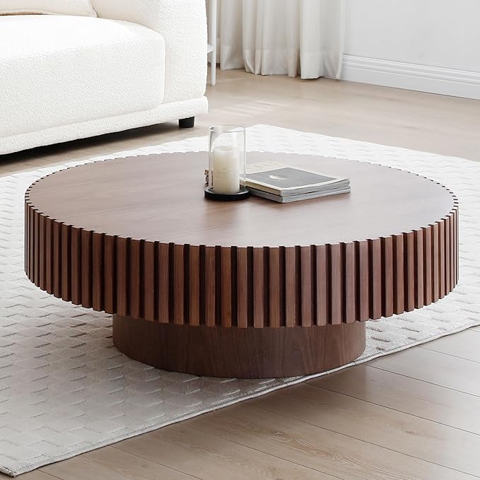 Round Coffee Table for Living Room, Contemporary Circle Wood Coffee Table with Pedestal, Easy Assembly ø35.43'', Walnut