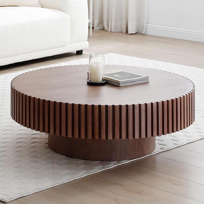 39.4" Walnut Round Coffee Table Wood, Modern Drum Fluted Coffee Table for Living Room, Contemporary Low Circle Center Table Side Table for Apartment, Farmhouse, Office, mesa de Cafe