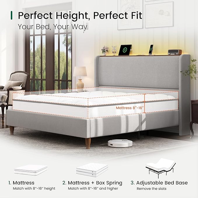 LARMACE King Size Bed Frame with LED Lights and Charging Station Linen Upholstered Platform Bed Frame with 51.2" Tall Wingback Headboard and Storage Shelf, No Box Spring Needed, Easy Assembly, Grey