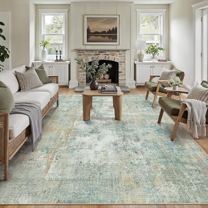 8x10 Washable Area Rug Teal Beige Abstract Non Slip Soft Low Pile Rug for Living Room Bedroom Dining Room Office Neutral Modern Indoor Throw Carpet for Home Decor