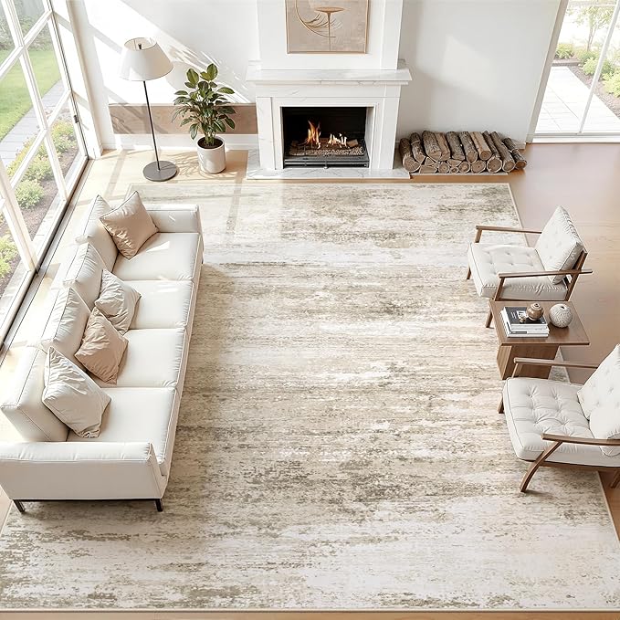 Washable Rug 10x14 Area Rugs for Living Room: Large Neutral Soft Rug Abstract Non Slip Low Pile Modern Carpet for Bedroom Kitchen Nursery Office Dining Room Indoor (Beige, 10'x14')