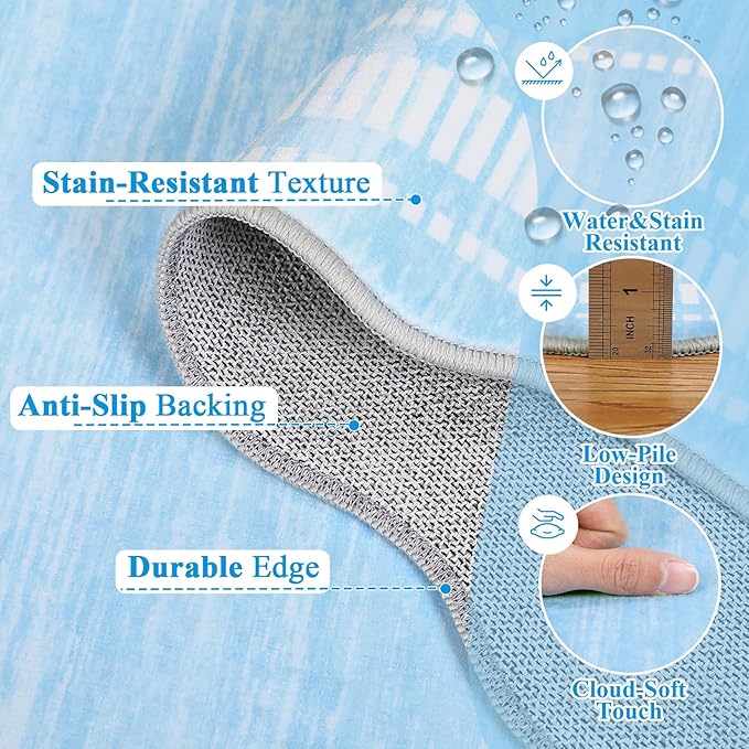 Garvee Modern Scalloped Rug 9x12 Washable Rugs for Living Room, Non-Slip Non-Shedding Faux Wool Soft Carpet, Minimalist Solid Neutral Large Floor Mats for Home Office Decor, Light Blue