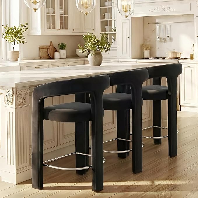 HNY 26 Inch Modern Tall Barrel Bar Stools Set of 3, Velvet Upholstered Barstools with Open Backs, Counter Height Bar Stools Chairs with Armrest for Kitchen Island, Black