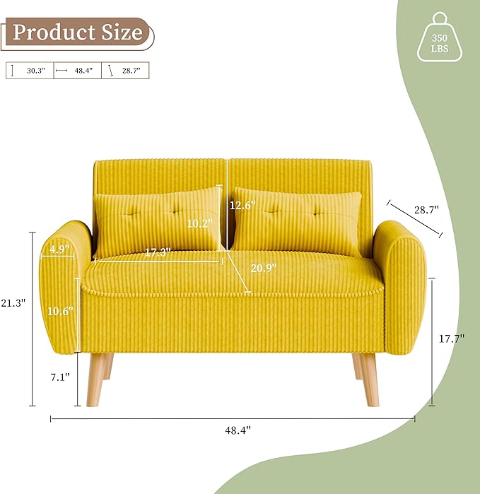 Vongrasig 48" Small Modern Loveseat Sofa, Mid Century Soft Corduroy Fabric 2-Seat Sofa Couch Tufted Love Seat with Back Cushions and Tapered Legs for Living Room, Bedroom and Small Space (Yellow)