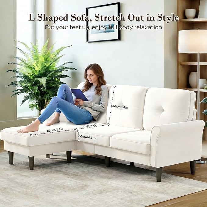 Welzona Sectional Couches for Living Room, 83" Velvet Modern 3 Seater Sofa, L Shaped Couch with Ottoman, Small Sectional Couch Sofas for Living Room, Bedroom, Apartment, Office, Beige Sofa