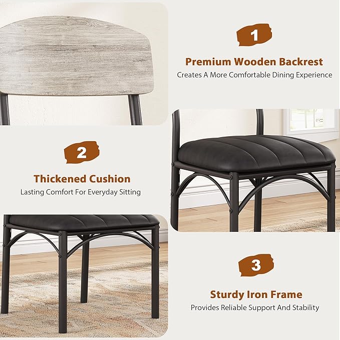 Jocoevol Dining Chairs Set of 4 - Upholstered Dining Room Chairs with PU Leather, Industrial Kitchen Chairs with Wooden Backrest and Thickened Metal Legs, for Dining Room, Living Room（Gray）