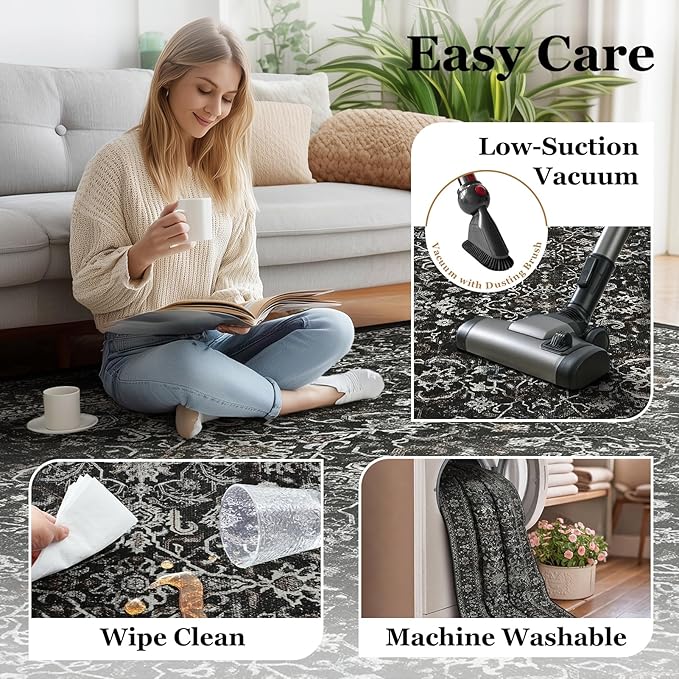 Dark 7x10 Rugs for Living Room, Vintage Farmhouse Area Rug for Bedroom Dining Room, Low Pile Thin Washable Non Slip Room Carpet Rug for Home Office Family Room Guest Room