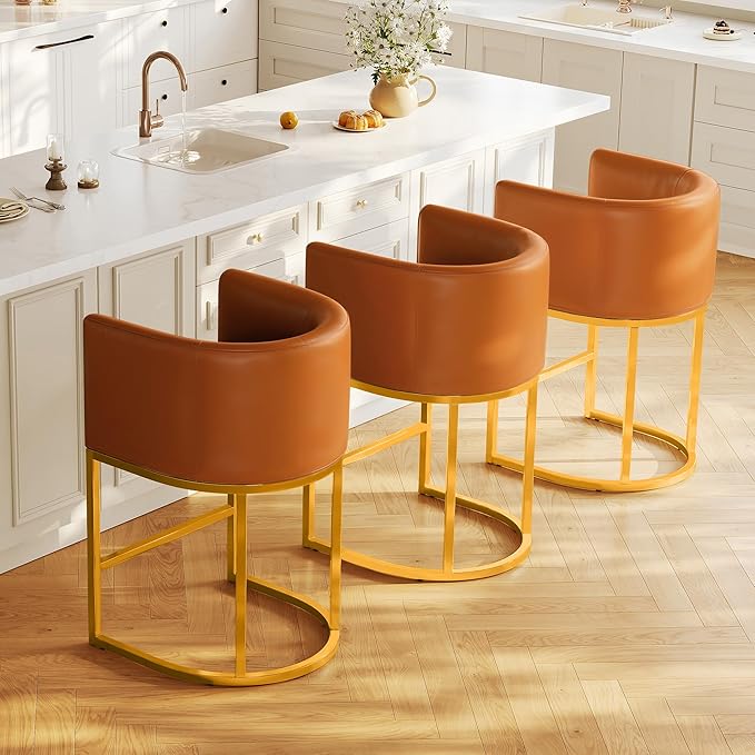 Modern Counter Height Bar Stools,Bar Stools Set of 3,PU Leather Upholstered Barrel Barstools with Backs,24'' Kitchen Island Chairs,Metal Gold Frames,Camel Brown Leather