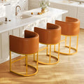 Modern Counter Height Bar Stools,Bar Stools Set of 3,PU Leather Upholstered Barrel Barstools with Backs,24'' Kitchen Island Chairs,Metal Gold Frames,Camel Brown Leather