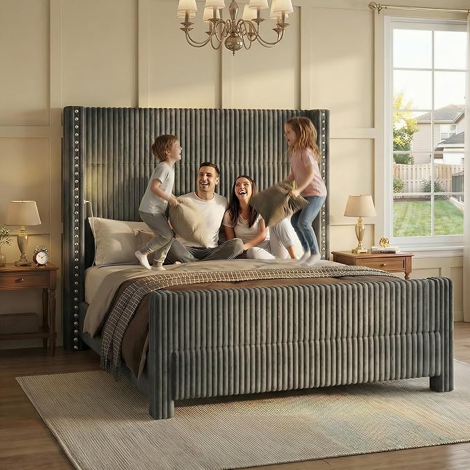 King Bed Frame with 56.7" Tall Headboard & Reading Lights, Corduroy Upholstered Wingback Platform Bed with Charging Station, Modern Retro Design, Noise Free, No Box Spring Required, Grey