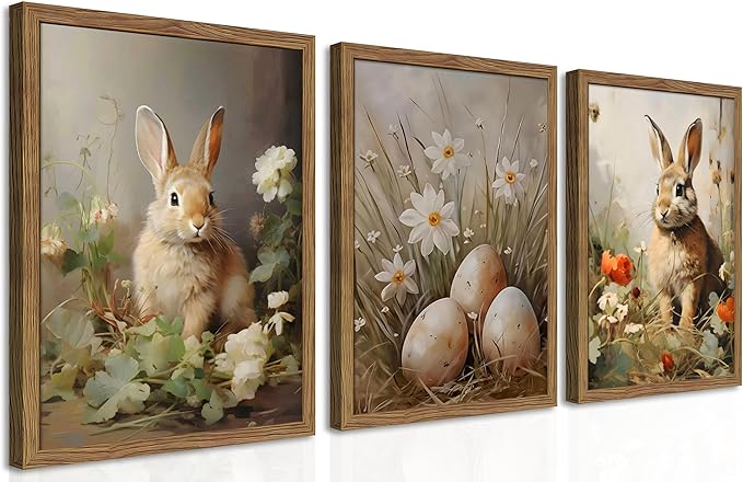 Vintage Easter Bunny Wall Art Set of 3, Spring Easter Rabbit Eggs Canvas Wall Decor Paintings, Rustic Farmhouse Animal Artwork Prints Pictures for Living Room Bedroom Bathroom 12x16 Inch Framed