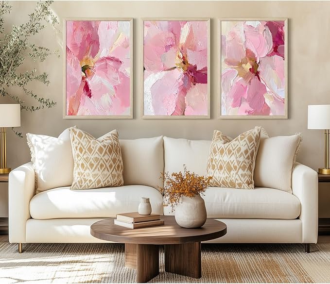 Abstract Floral Wall Art Pink Flower Canvas Pictures Modern Wall Decor Blush Pastel Pink Prints Peony Painting Minimalist Poster Botanical Artwork for Bedroom Living Room 16x24x3 Inch Wood Framed