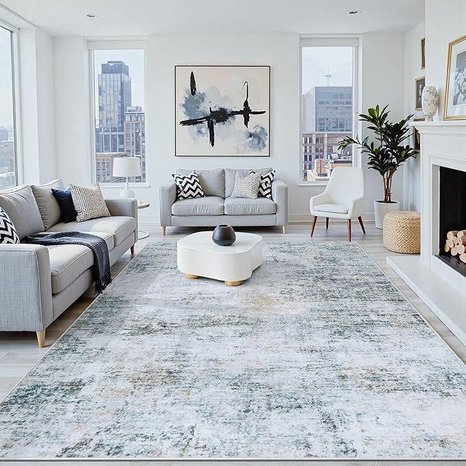 8x10 Area Rugs Washable Rug:Anti-Skid Abstract Modern Living Room Rug Soft Thin Carpets Indoor Floor Non-Shedding Carpet for Bedroom Dining Farmhouse Nursery Home Office(Blue/Grey/Gold/White, 8x10)