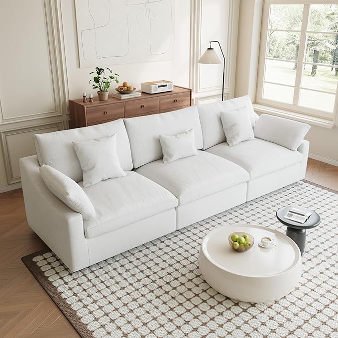 Modular Sectional Sofa Cloud Couch, 119.29" Oversized 3 Seater Sofa with Pillows, Linen Blend Fabric Minimalist Deep Seat Sofa Couches for Living Room, Sofa Covers Washable&Removable, White