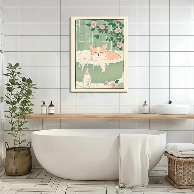 Framed Japanese Bathroom Wall Art Set of 2, Funny Japanese Bathroom Frog Dog Wall Decor, Nature Relaxation Canvas Prints Poster, Minimalist Aesthetic Home Spa Decor Picture 12x16 Inch