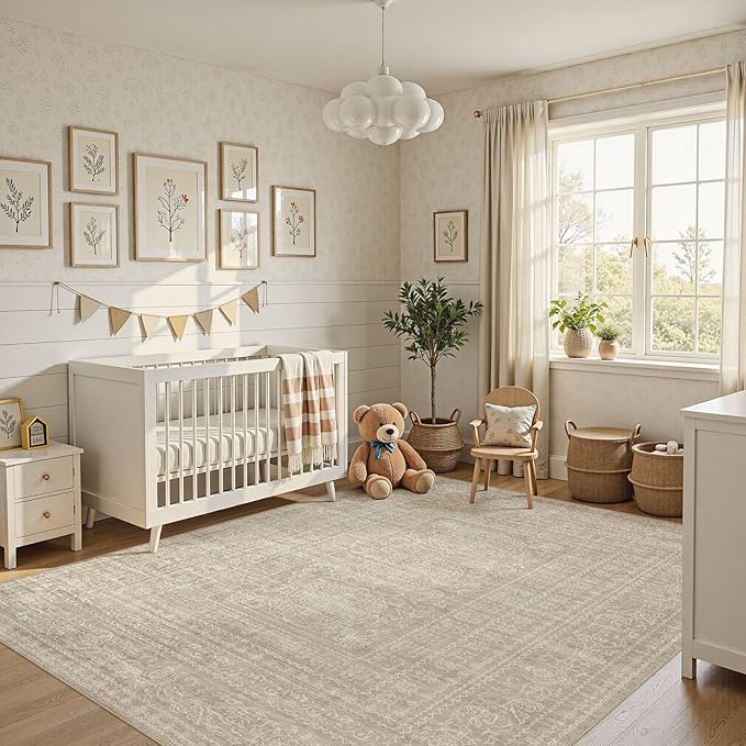 6x9 Area Rugs Living Room: Washable Large Vintage Rug Neutral Non-Slip Soft Stain Resistant Indoor Carpet for Bedroom Nursery Dining Room Under Table Bed Home House Office Playroom - Brown