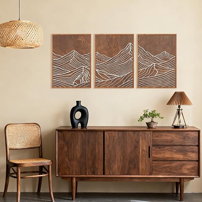 HPINUB Line Style Mountain Framed Canvas Wall Art, Vintage Tree Rings Wall Decor, Abstract Tree Spiral Wall Painting, Modern Nature Art Prints for Living Room,Bedroom,Farmhouse(Set of 3,12X16 Inch)