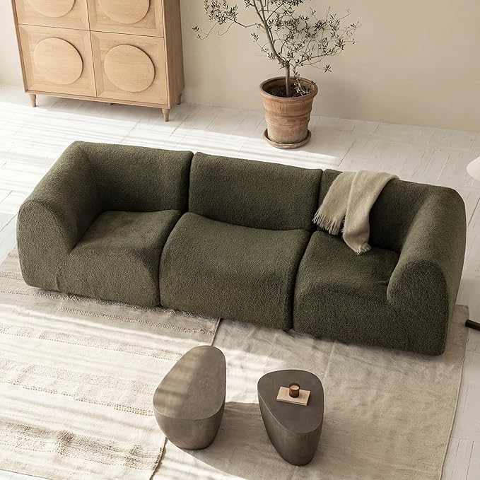 110" 3-Seater Modular Sectional Sofa, Sherpa Cloud Couch with Deep Seat Comfort, Boneless Curved Sofas with High-Density Foam Strong Support, Modern Cozy Sofa for Living Room – No Assembly, Green