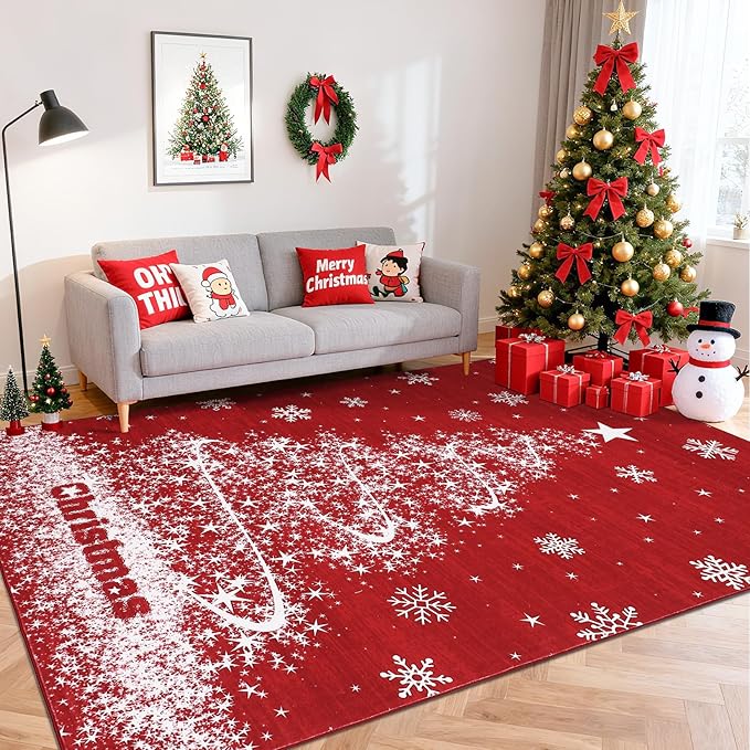 Garvee Christmas Area Rug 9x12 Living Room Red Rug, Soft Christmas Tree Large Washable Rug for Bedroom, Non Slip Low Pile Indoor Floor Carpet for Home Office Xmas Holiday Decor Rugs, Red