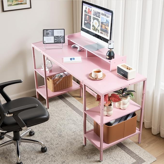MINOSYS Computer Desk 55-inch with Storage Shelf - Pink Ideal Gaming Desk for Bedrooms, Small Spaces, and Home Offices Modern Writing Desk for PCs.