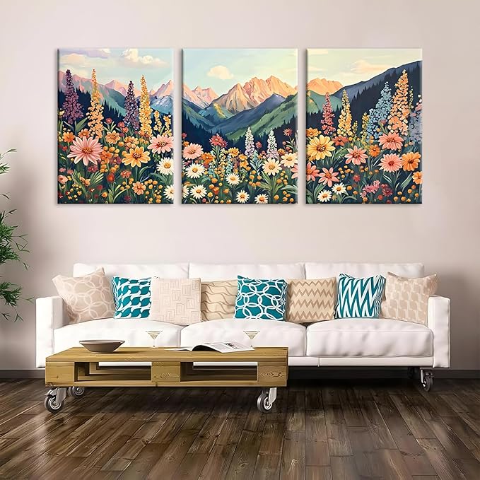 Framed Mountain Daisy Wildflower Landscape Wall Art, Boho Floral Wall Decor, Colorful Daisy Flower Canvas Paintings, Vintage Nature Botanical Poster Prints for Living Room Bedroom 16x24in