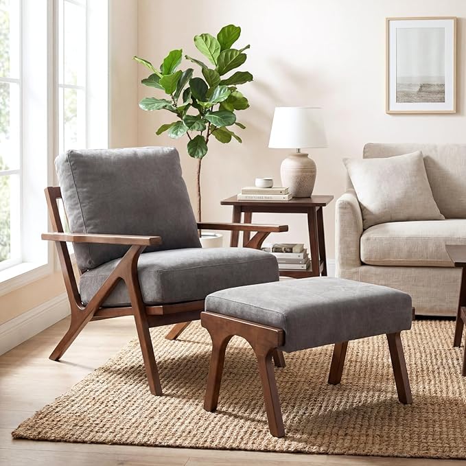 chairus Mid-Century Modern Accent Chair with Ottoman, Comfy Upholstered Lounge Armchair with Removable Cushions & Solid Wood Frame, Reading Chair for Living Room Bedroom Office, Grey Denim Fabric