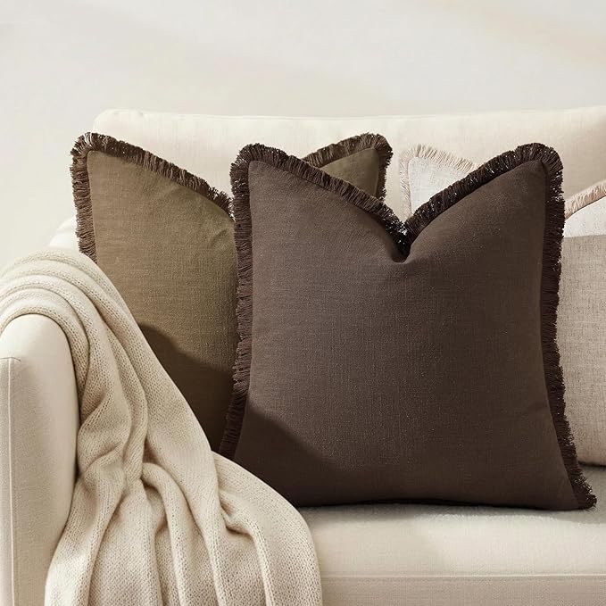 decorUhome Summer Decorative Neutral Linen Fringe Throw Pillow Covers Set of 2 Chocolate Pillow Covers with Tassels Soft Farmhouse Boho Accent Pillow Cases for Couch Bed Sofa 18x18 Inch
